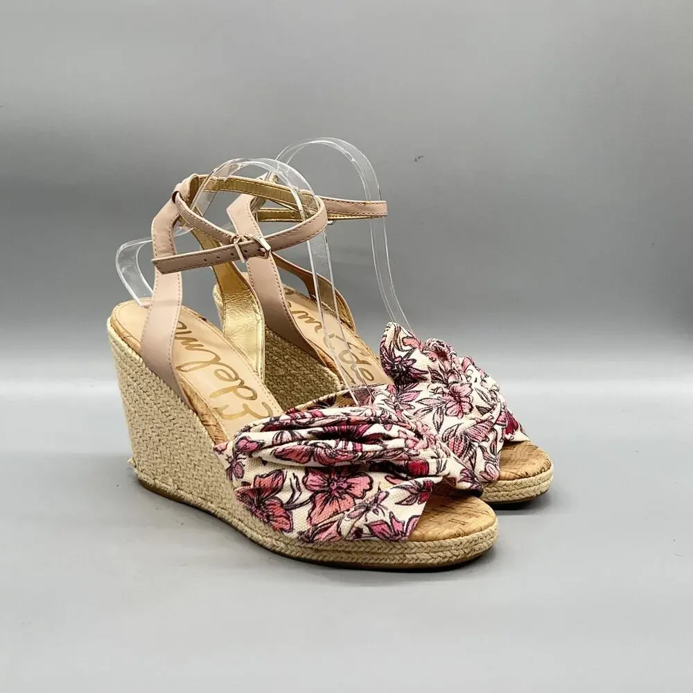 Sam Edelman Sandals Women 10 Pink Cotton Floral Bow Ankle Espadrille Wedge Shoes